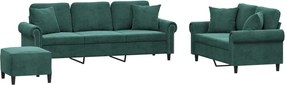 vidaXL Set canapea cu perne, 3 piese, verde închis, catifea