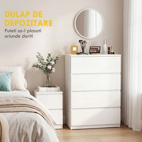 HOMCOM Comodă cu 4 Sertare, Organizator de Depozitare cu Ghidaje Metalice și Mânere cu Caneluri, 60x40x80 cm, Alb | Aosom Romania
