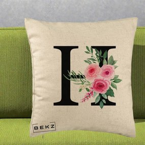 Cadou Personalizat - Perna Personalizata Monograma Florala Litera H cu Trandafiri Roz, 40x40 cm, Bej, Husa Detasabila, Perna Inclusa, BEKZ®