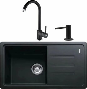 Set chiuveta bucatarie compozit Franke Malta 1 cuva cu picurator 78x43.5 cm reversibila finisaj negru mat plus baterie si dozator sapun