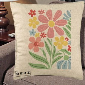 Perna Decorativa Flori Grafice Roz Pastel, 40x40 cm, Bej, Husa Detasabila, Perna Inclusa, BEKZ®