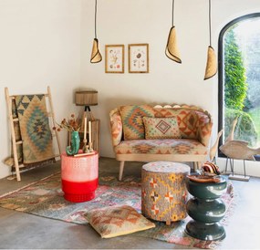 Taburet bej, din lemn de acacia, bumbac si lana, Klimt Kilim