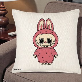 Perna Personalizata Labubu Roz Solo, 40x40 cm, Crem Reliefat, Husa Detasabila, Perna Inclusa, BEKZ®