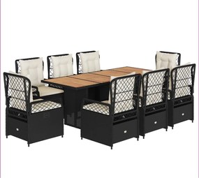 vidaXL Set mobilier de grădină cu perne, 9 piese, negru, poliratan