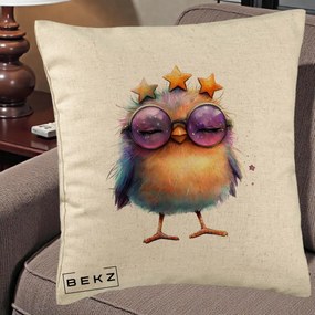 Perna Decorativa Pui Pop Star cu Ochelari Stele Violet, 40x40 cm, Bej, Husa Detasabila, Perna Inclusa, BEKZ®