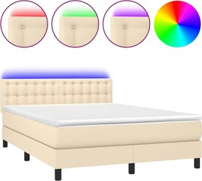 vidaXL Pat cu arcuri, saltea și LED, crem, 140x190 cm, textil