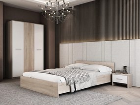Dormitor Luiza 3U4P, culoare sonoma / alb, cu pat standard 140 x 200 cm, dulap cu 3 usi si 2 noptiere