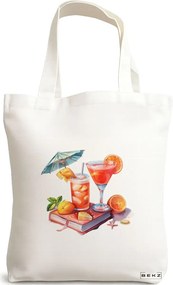 Sacosa de Panza pentru Cumparaturi, Geanta Tote, model Books and summer 3 38 x 34.5 cm, Alba, BEKZ®