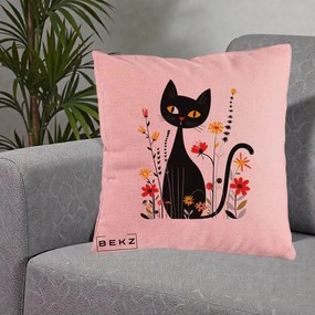 Perna Decorativa Pisica Neagra Ochi Galbeni Flori, 40x40 cm, Roz, Husa Detasabila, Perna Inclusa, BEKZ®
