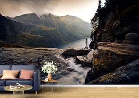 Tapet Premium Canvas - Peisaj de munte cu raul si ceata