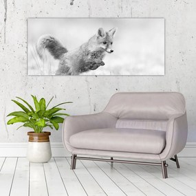 Tablou - Vulpe care sare,alb-negru (120x50 cm)