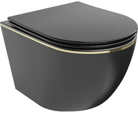 Mexen Lena vas de toaletă Rimless cu capac slim cu închidere lentă, duroplast, Negru mat/aurie linii - 30224075