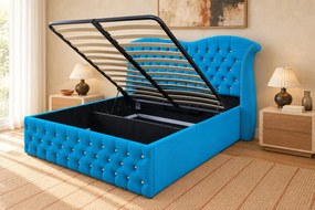 Pat tapițat Chesterfield Avella 160×200 cm, albastru deschis, cu ladă de depozitare