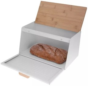 Cutie pentru paine Klausberg KB 7468, 35.5 cm, Otel, Bambus, Capac superior si frontal, Alb