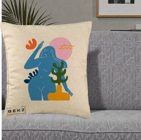 Perna Decorativa Femeie Albastra Cactus, 40x40 cm, Bej, Husa Detasabila, Perna Inclusa, BEKZ®