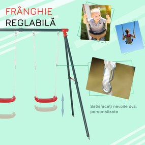 Outsunny Leagăn Dublu pentru Copii 3+ Ani cu Structură din Metal, Leagăn de Grădină cu Coardă Reglabilă, Joc de Exterior, Max 45 kg, 239x156x180 cm, Verde și Roșu | Aosom Romania