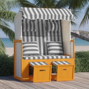 Scaun de plajă cu perne,alb&amp;gri, poliratan și lemn masiv