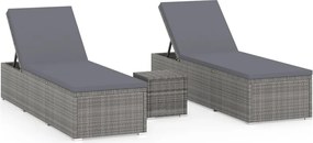vidaXL Șezlonguri de grădină, 3 piese, masă ceai, gri, poliratan