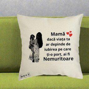 Cadou pentru Mama - Perna Personalizata Mama Nemuritoare Imbratisare, 40x40 cm, Ecru, Husa Detasabila, Perna Inclusa, BEKZ®