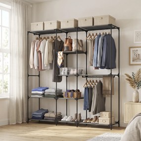 HOMCOM Dulap Textil Compact cu 3 Bare pentru Umerașe, 5 Rafturi și Structură din Oțel, 182 x 43 x 182 Cm, Negru | Aosom Romania