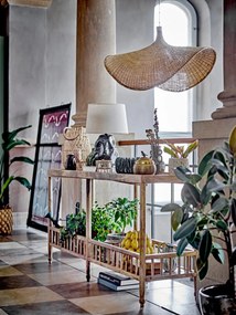 Consolă hol eclectică din lemn de mango, natur, cu raft jos cu balustradă, blat cu bordură și 6 picioare, 80 x 168 x 43 cm, „Sali”