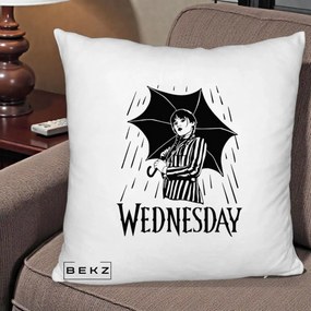 Perna Personalizata Wednesday cu Umbrela Ploaie Lineart, 40x40 cm, Alb Pufos, Husa Detasabila, Perna Inclusa, BEKZ®