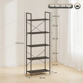 HOMCOM Raft pentru cărți, raft independent cu 5 nivele, raft industrial pentru birou cu cadru metalic, raft deschis de depozitare pentru living, birou, cameră de lucru, 60x30x170,5 cm, Negru | Aosom Romania