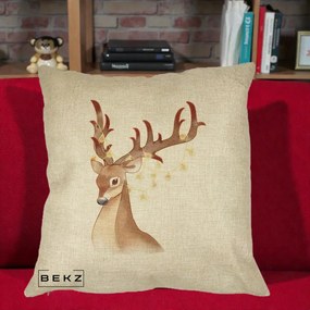 Perna Decorativa Ren cu Luminite de Craciun, 40x40 cm, Crem, Husa Detasabila, Perna Inclusa, BEKZ®