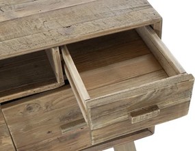 Comodă TV living din lemn reciclat, natur, cu 4 uși, 2 sertare, 2 nișe deschise și picioare oblice, finisaj antichizat, 65 x 180 x 48 cm, „Aubeline”