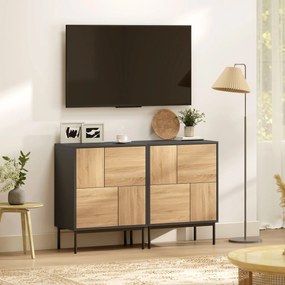 HOMCOM Sideboard cu uși push-to-open, dulap pentru sufragerie cu picioare metalice, dulap de bucătărie, MDF, Negru+lemn natural | Aosom Romania