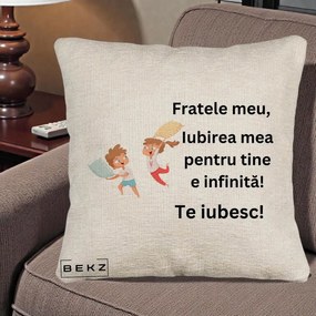 Cadou pentru Frate - Perna Personalizata Fratele Meu Te Iubesc Copii Batalie Perne, 40x40 cm, Bej Canapea, Husa Detasabila, Perna Inclusa, BEKZ®