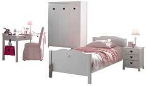 Set AMORI în alb este format dintr-un Pat copii (90 x 200 cm) și somieră asortată cu cadru fix, o noptieră, un Dulap camera copii cu 3 uși și un