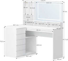 SEA32 - Set Masa toaleta 120 cm pentru colt, cosmetica machiaj, oglinda cu LED, masuta vanity cu 5 sertare, Organizator Bijuterii - Alb