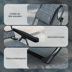 Outsunny Șezlong de grădină pliabil cu spătar reglabil în 4 poziții, orificiu pentru citit și pernă suport cap 72L x 194l x 31H cm Gri | Aosom Romania