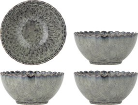 Set 4 boluri din ceramică, gri, margine ondulată și model marin în relief, glazură reactivă, 7,5 x 15,5 cm, „Katrina”