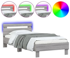 838720 vidaXL Cadru de pat cu tăblie și lumini LED, gri sonoma, 90x200 cm