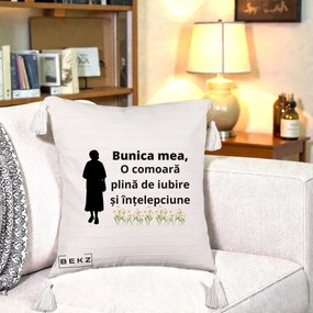 Cadou pentru Bunica - Perna Personalizata Bunica Mea Comoara Iubire Intelepciune Silueta cu Nepoata, 40x40 cm, Bej cu Franjuri, Husa Detasabila, Perna Inclusa, BEKZ®