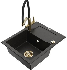 Mexen Enzo chiuvetă din granit cu 1 compartiment și scurgător și baterie de bucătărie Duo, negru/auriu metalic - 6506-75-671701-