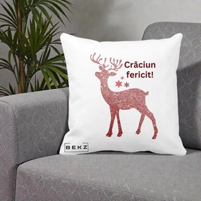 Perna Decorativa Ren Sclipitor Glitter Craciun Fericit, 40x40 cm, Alba Mata, Husa Detasabila, Perna Inclusa, BEKZ®
