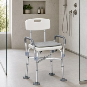 HOMCOM Scaun de Baie din Aluminiu Reglabil, cu Spătar și Brațe, Pernă Moale, Antialunecare, Alb | Aosom Romania