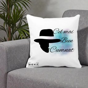 Cadou pentru Cumnat - Perna Personalizata Cel mai Bun Cumnat cu Silueta Palarie si Pete Teal-Roz, 40x40 cm, Alba Mata, Husa Detasabila, Perna Inclusa, BEKZ®