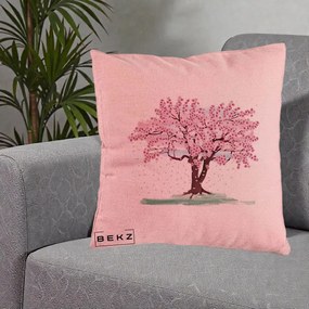 Perna Decorativa Cires Inflorit Acuarela, 40x40 cm, Roz, Husa Detasabila, Perna Inclusa, BEKZ®