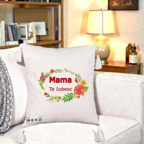 Cadou pentru Mama - Perna Personalizata Mama Te Iubesc Flori Rosii, 40x40 cm, Bej cu Franjuri, Husa Detasabila, Perna Inclusa, BEKZ®