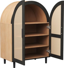 Dulap pentru pantofi cu exterior rotunjit, uși din ratan decupate și 3 rafturi, 70x40x100 cm, Culoare naturală+Negru