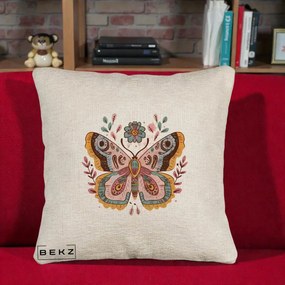 Perna Decorativa Fluture Boho Floral, 40x40 cm, Bej Canapea, Husa Detasabila, Perna Inclusa, BEKZ®