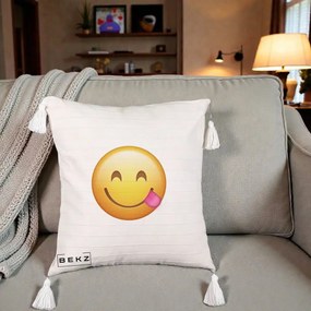 Perna Decorativa Emoji Limba Scoasa, 40x40 cm, Bej cu Franjuri, Husa Detasabila, Perna Inclusa, BEKZ®