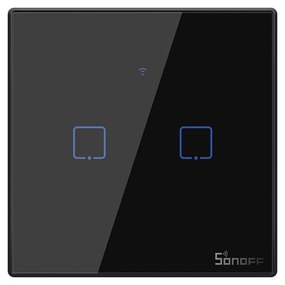 Intrerupator dublu smart, sticla securizata neagra, montaj in doza, compatibil Alexa si Google Assistant, Sonoff