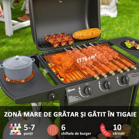 Outsunny Grătar pe Gaz cu Capac, Termometru, Masă Laterală și Tavă pentru Colectarea Grăsimii, 108x54x97 cm, Negru | Aosom Romania