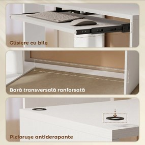 HOMCOM Birou pe Colț Modern cu Tavă Glisantă pentru Tastatură și Rafturi cu 4 Nivele, Alb | Aosom Romania