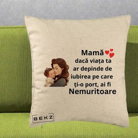 Cadou pentru Mama - Perna Personalizata Mama Nemuritoare cu Bebelus Lineart, 40x40 cm, Bej, Husa Detasabila, Perna Inclusa, BEKZ®